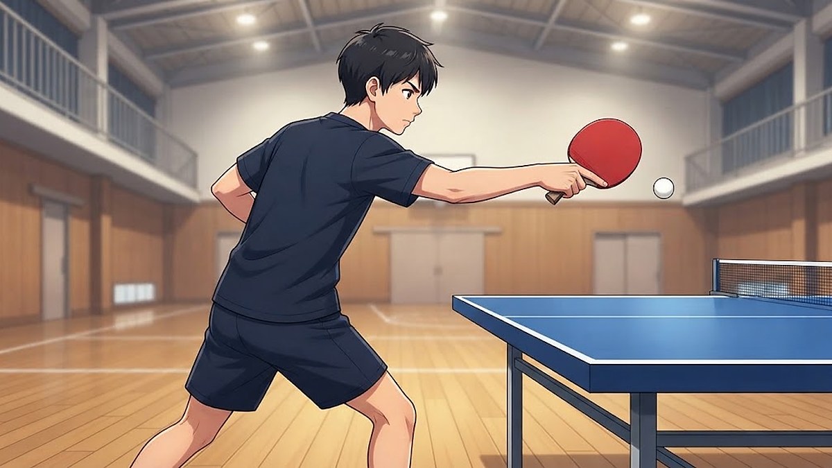 体育館でフォアハンドを打つ瞬間の中学生のイラスト。右腕はひじから先とラケットが一直線で、手首が折れていない。白い球がラケットの少し前にある