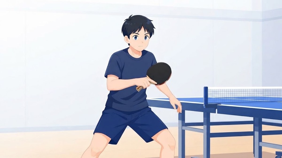 体育館で中学生が卓球台の手前に立ち、ひざを曲げて腰を落とし、フォアハンドを振り終わった姿勢で止まっている