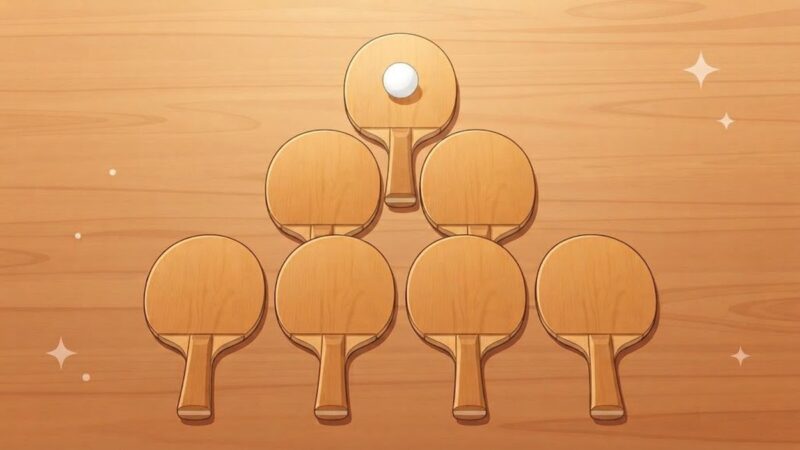 木の机の上に、ラバーを貼っていない白木の卓球ラケット7本を4本・2本・1本のピラミッド型に並べ、いちばん奥の1本に白いボールを乗せたところ