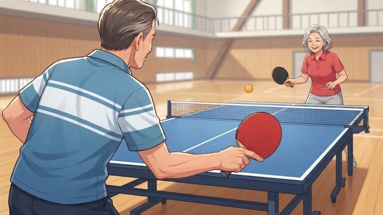 オレンジ色のラージボールで楽しそうに打ち合う年配の男女
