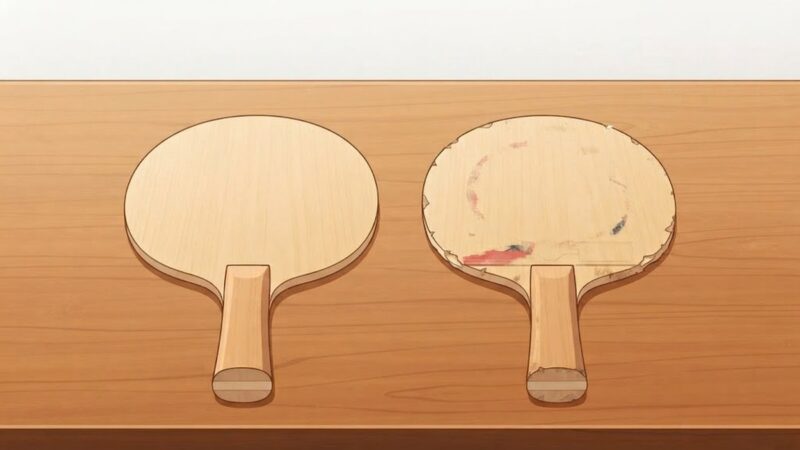 面がきれいな新しい木のラケットと、縁が欠けて前のラバーの跡が残った古い木のラケットを並べたところ