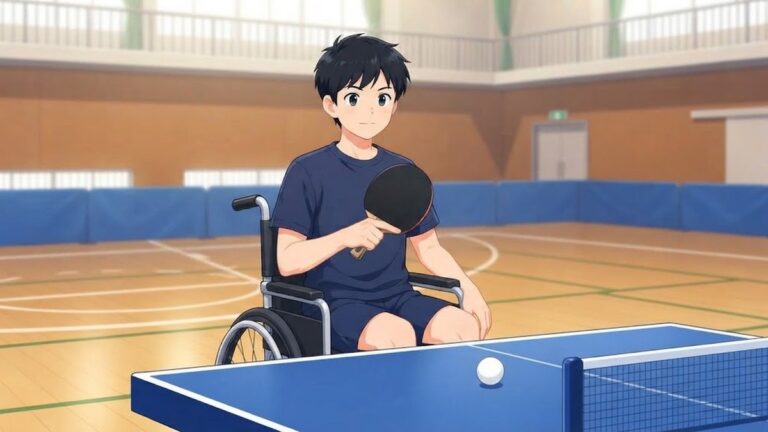 体育館で、車いすに座った中学生の選手が卓球台に向かい、ラケットを胸の前に構えている。台の上には白いボールが1個