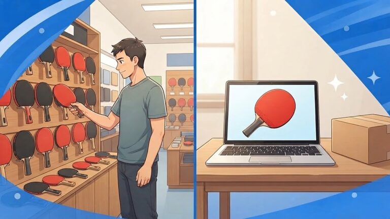 左は卓球ラケットが並ぶ店の棚、右はノートパソコンで注文して届いた箱。用具の買い方2タイプの比較