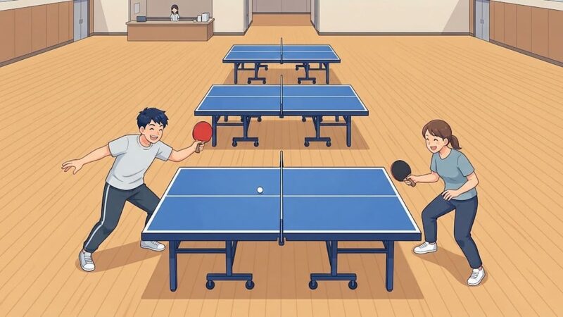公共体育館に並ぶ卓球台と、私服で打ち合う大人2人。奥に受付カウンター