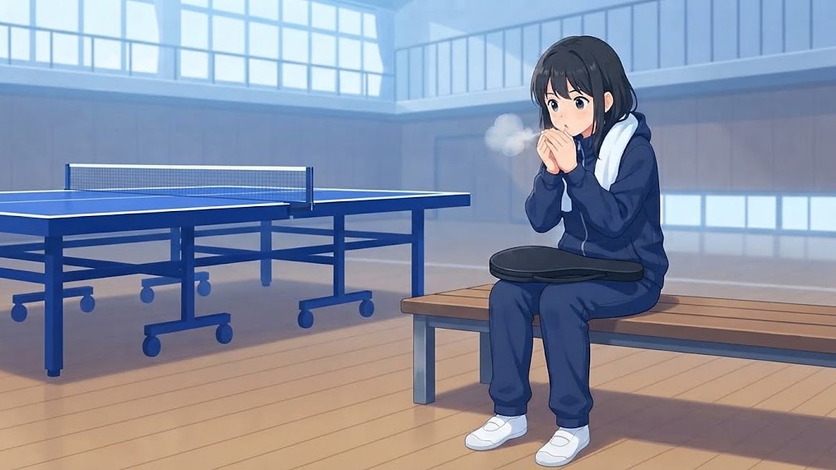 冬の体育館のベンチで、紺色の上着と長ズボンの中学生が首にタオルをかけ、両手を口元に寄せて白い息を吐いているイラスト。ひざにラケットケース、奥に青い卓球台