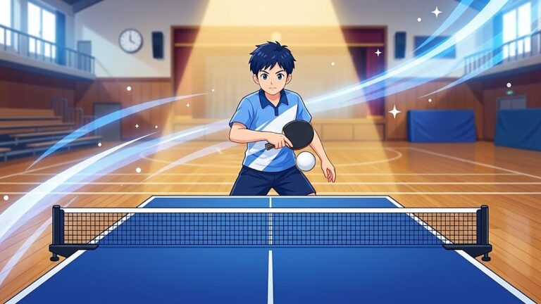 卓球台の向こう側で、ひざを曲げた中学生の選手がラケットを体の前に短く構えたバックハンドの姿勢。白いボールが体の正面へ飛んでくる