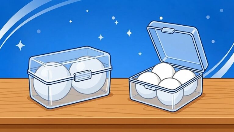 木の机に並んだ、ふたの付いた硬いプラスチックのボールケース2つ。左は白いボールが2個、右はふたを開けた四角いケースにボールが4個入っている