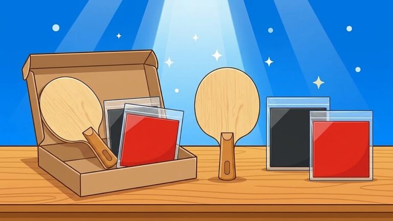 左は箱に入った初心者セット（木のままのラケット1本と、袋に入った赤と黒のラバー2枚）、右は同じ中身を単品でそろえて並べた比較