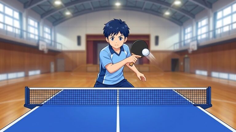 台のすぐ後ろで、ひざを軽く曲げた中学生が体の前にラケットを立て、飛んできたボールを受け止めるブロックの瞬間