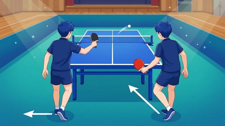 台の手前に並んだダブルスのペアを後ろから見たところ。打ち終わった左の選手は左へ抜け、右の選手が台の真ん中へ入る。床に2人の動きを示す白い矢印