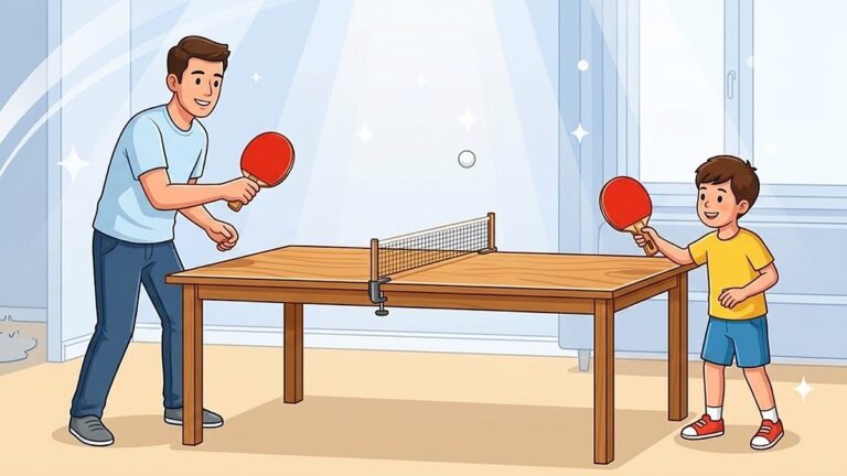 明るい部屋で、木のテーブルの真ん中にクランプ式の簡易ネットを付け、父親と小学生の子どもがラケットを1本ずつ持って打ち合っている
