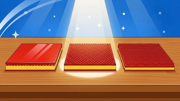3種類のラバーの切り口を並べたイラスト。左は粒が内側の裏ソフト、真ん中は粒が外側に出た表ソフト、右は粒が少し高くスポンジが薄い粒高ラバー