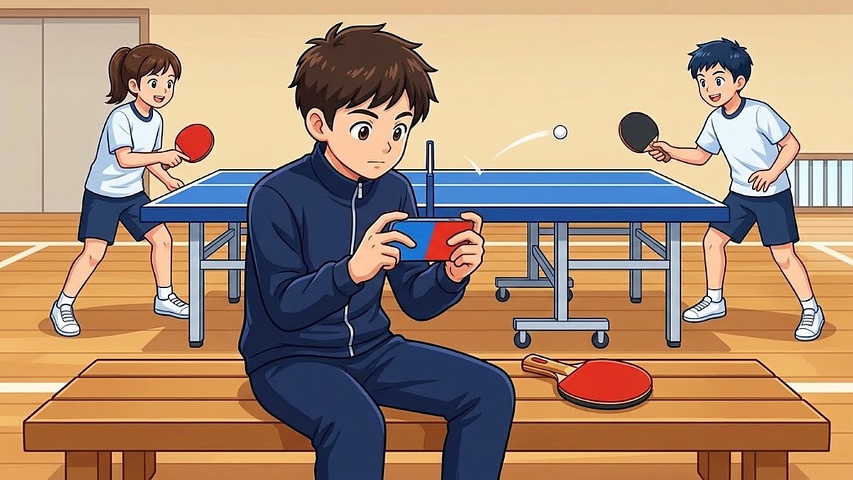 体育館のベンチにすわった中学生の部員が、両手でスマホを横向きに持って画面を見ている。奥の卓球台では2人がラリーをしている