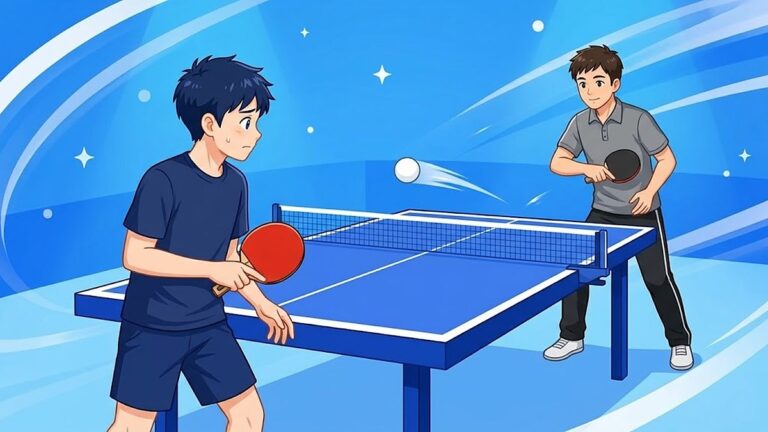 少し緊張した顔の初心者の高校生がラケットを構え、台の向こうの先輩がやさしくボールを送っている