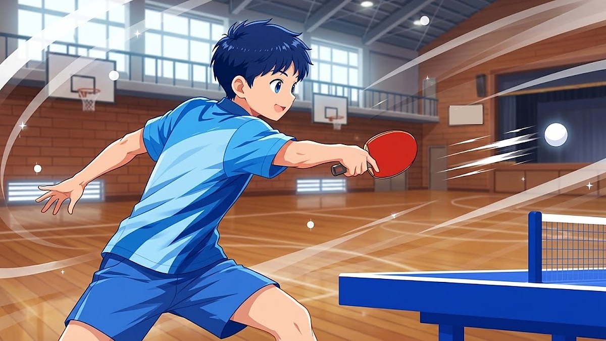 体育館で、右利きの中学生が腰と肩を台の方へ回してフォアハンドを打ち、白いボールがネットの方へ飛んでいくイラスト