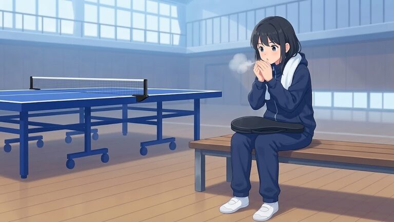 冬の体育館のベンチで、紺色の上着と長ズボンの中学生が首にタオルをかけ、両手を口元に寄せて白い息を吐いているイラスト。ひざにラケットケース、奥に青い卓球台
